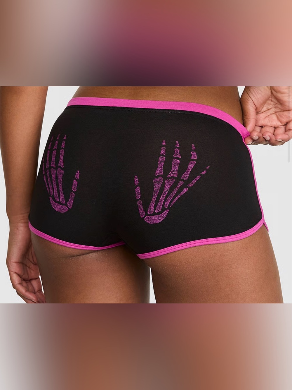 PINK Victoria's Secret Black Boyshorts with Hot Pink Skeleton Print M new